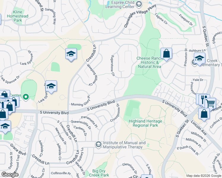 map of restaurants, bars, coffee shops, grocery stores, and more near 5511 Wickerdale Place in Littleton