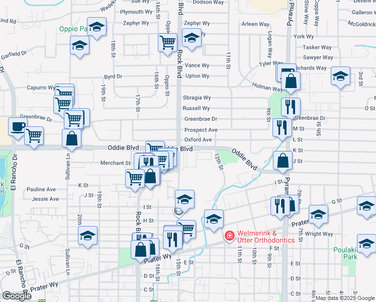 map of restaurants, bars, coffee shops, grocery stores, and more near 1100 15th Street in Sparks