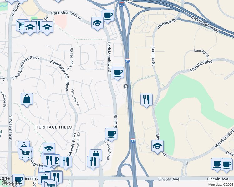 map of restaurants, bars, coffee shops, grocery stores, and more near 9400 Station Street in Lone Tree
