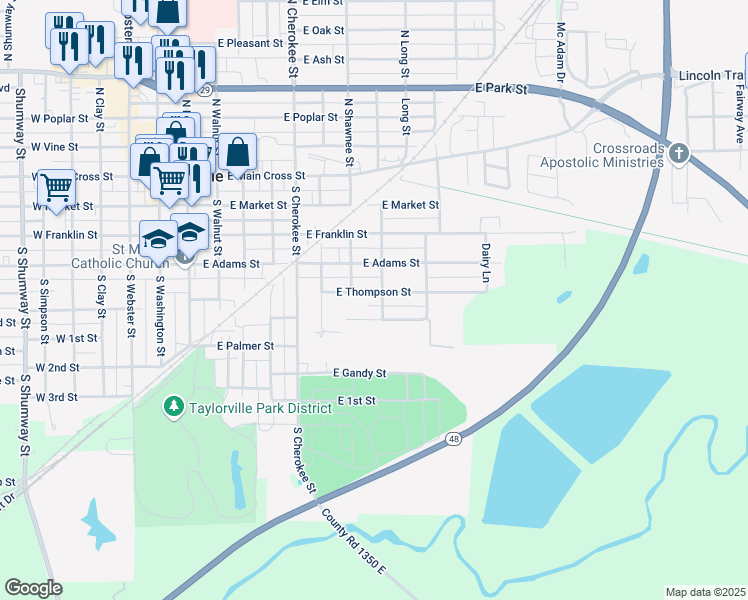 map of restaurants, bars, coffee shops, grocery stores, and more near 710 East Adams Street in Taylorville