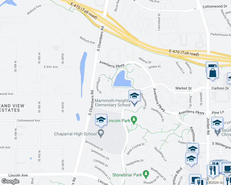 map of restaurants, bars, coffee shops, grocery stores, and more near 9545 Longstone Drive in Parker