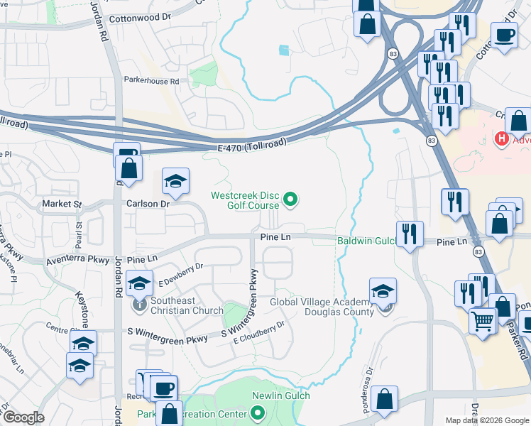 map of restaurants, bars, coffee shops, grocery stores, and more near 17565 Pine Lane in Parker