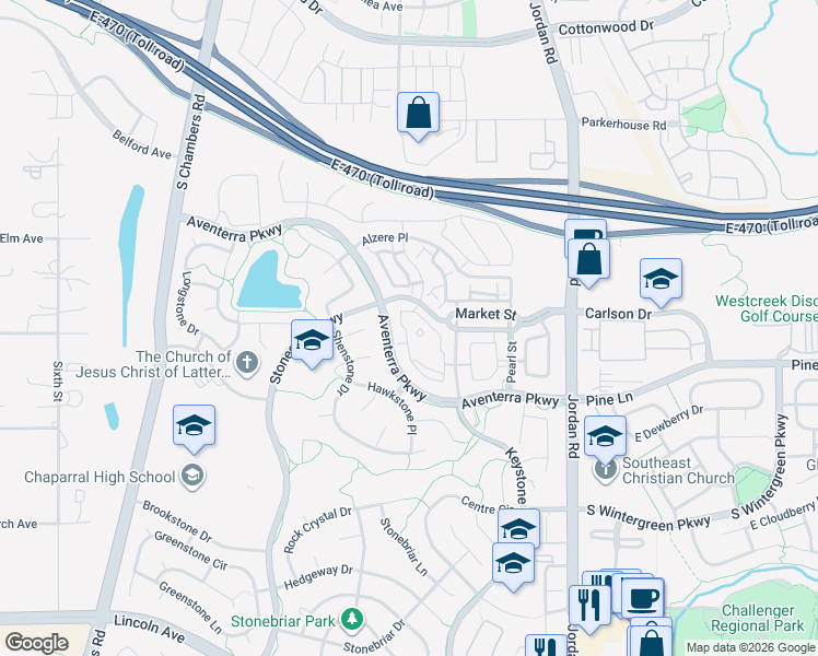 map of restaurants, bars, coffee shops, grocery stores, and more near 9431 Ashbury Circle in Parker