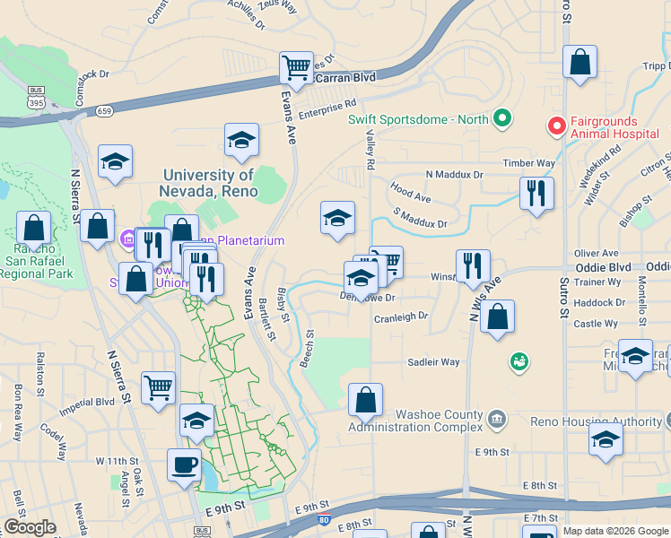 map of restaurants, bars, coffee shops, grocery stores, and more near 2001 Soaring Eagle Drive in Reno