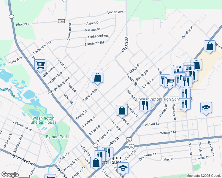 map of restaurants, bars, coffee shops, grocery stores, and more near 820 Gregg Street in Washington Court House