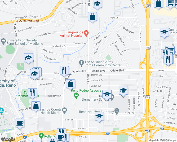 map of restaurants, bars, coffee shops, grocery stores, and more near 1201 Oddie Boulevard in Reno