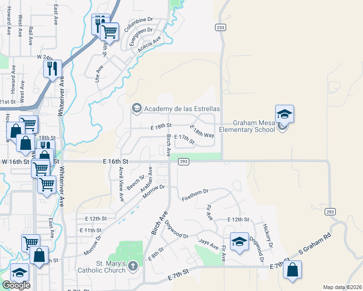 map of restaurants, bars, coffee shops, grocery stores, and more near 1102 East 17th Street in Rifle