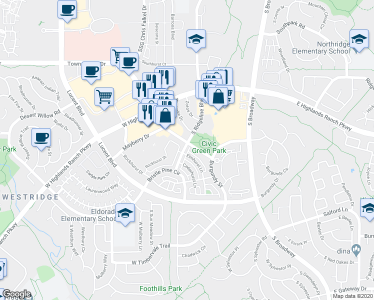 map of restaurants, bars, coffee shops, grocery stores, and more near 9424 South Ridgeline Boulevard in Littleton