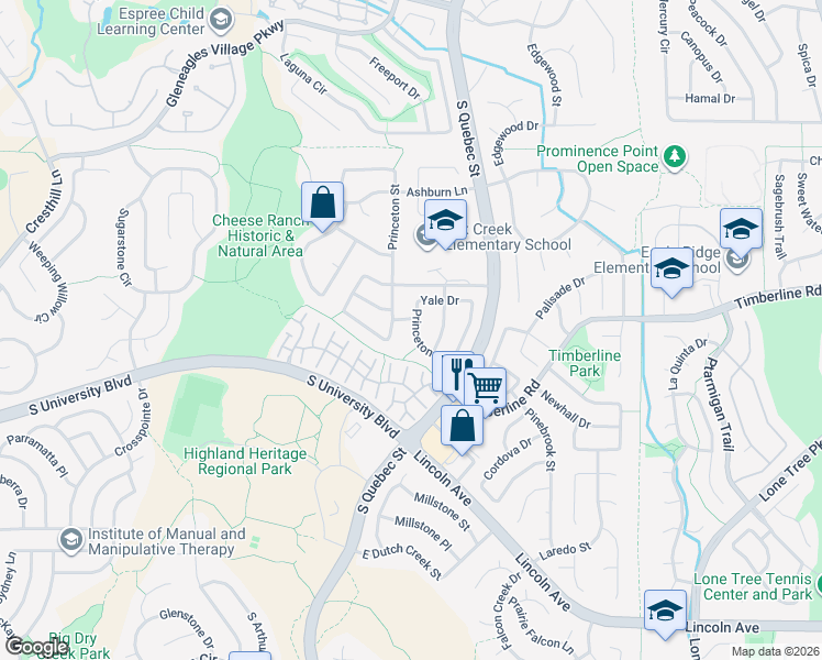 map of restaurants, bars, coffee shops, grocery stores, and more near 6532 Yale Drive in Littleton
