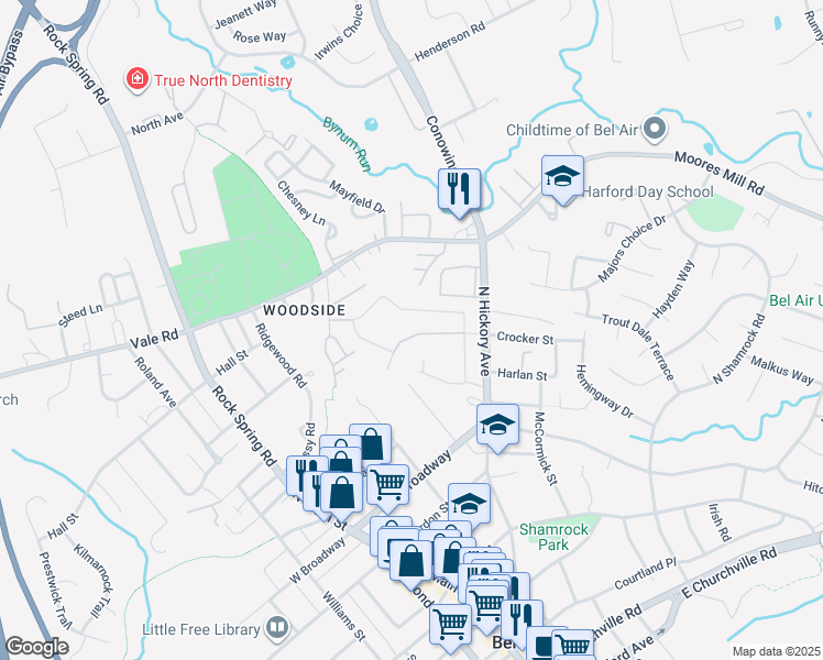 map of restaurants, bars, coffee shops, grocery stores, and more near 220 Crocker Drive in Bel Air