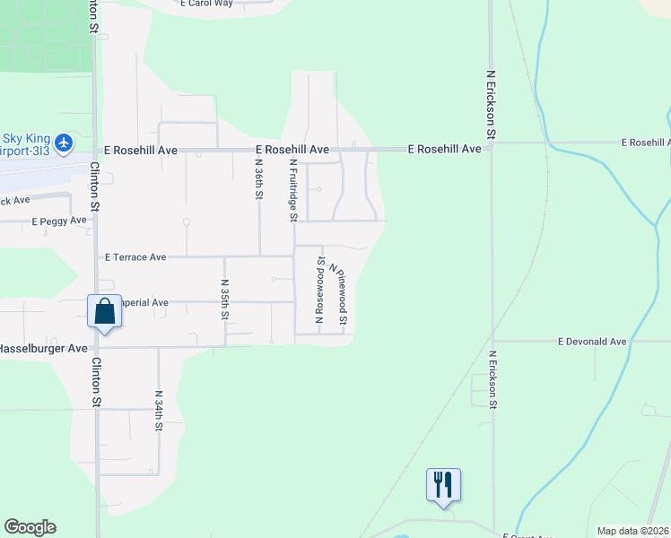 map of restaurants, bars, coffee shops, grocery stores, and more near 6599 North Pinewood Street in North Terre Haute