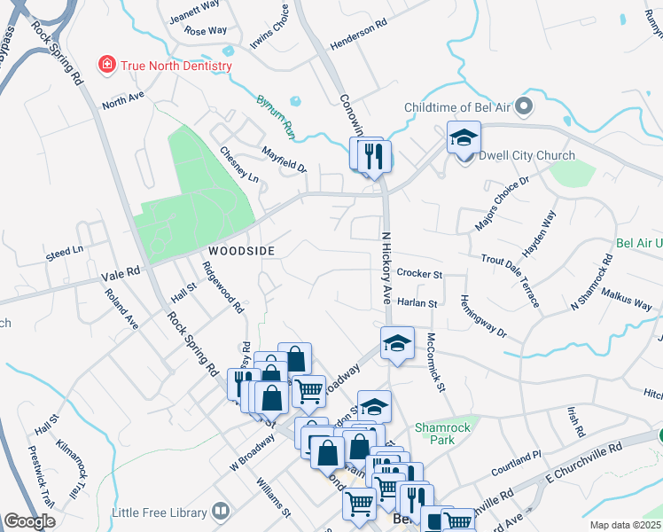 map of restaurants, bars, coffee shops, grocery stores, and more near 220 Crocker Drive in Bel Air