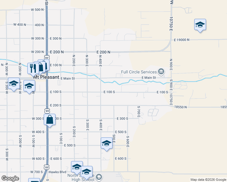 map of restaurants, bars, coffee shops, grocery stores, and more near 473 East 100 South in Mount Pleasant