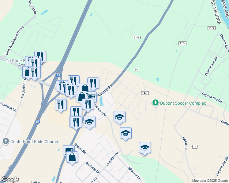 map of restaurants, bars, coffee shops, grocery stores, and more near 146 Drexel Court in Martinsburg