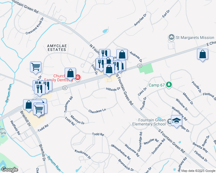 map of restaurants, bars, coffee shops, grocery stores, and more near 1510 Hillside Drive in Bel Air
