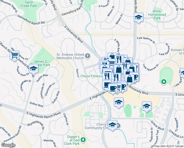 map of restaurants, bars, coffee shops, grocery stores, and more near 9362 Loggia Street in Highlands Ranch