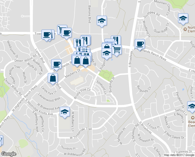 map of restaurants, bars, coffee shops, grocery stores, and more near 9350 Dorchester Street in Highlands Ranch