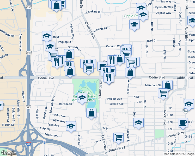 map of restaurants, bars, coffee shops, grocery stores, and more near 2300 Oddie Boulevard in Sparks