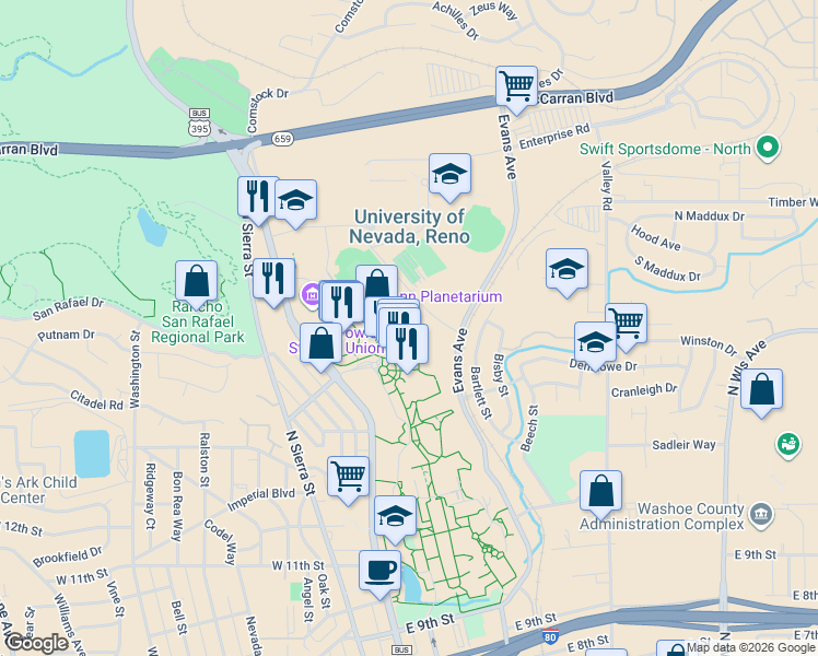 map of restaurants, bars, coffee shops, grocery stores, and more near 095 East Stadium Way in Reno