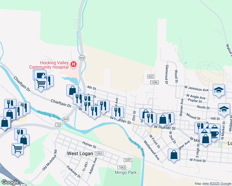 map of restaurants, bars, coffee shops, grocery stores, and more near 1104 4th Street in Logan