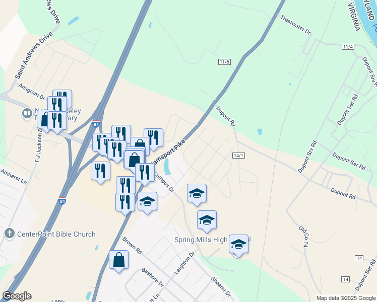 map of restaurants, bars, coffee shops, grocery stores, and more near 146 Drexel Court in Martinsburg