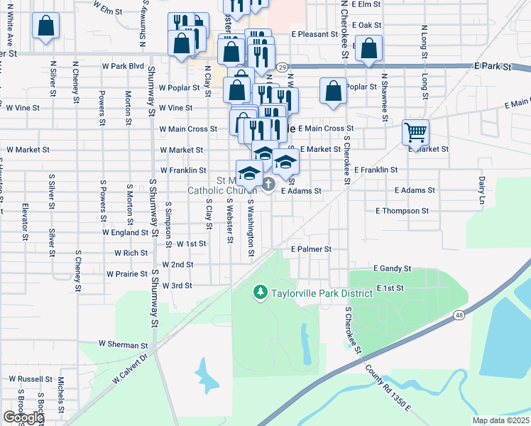 map of restaurants, bars, coffee shops, grocery stores, and more near South Main Street in Taylorville
