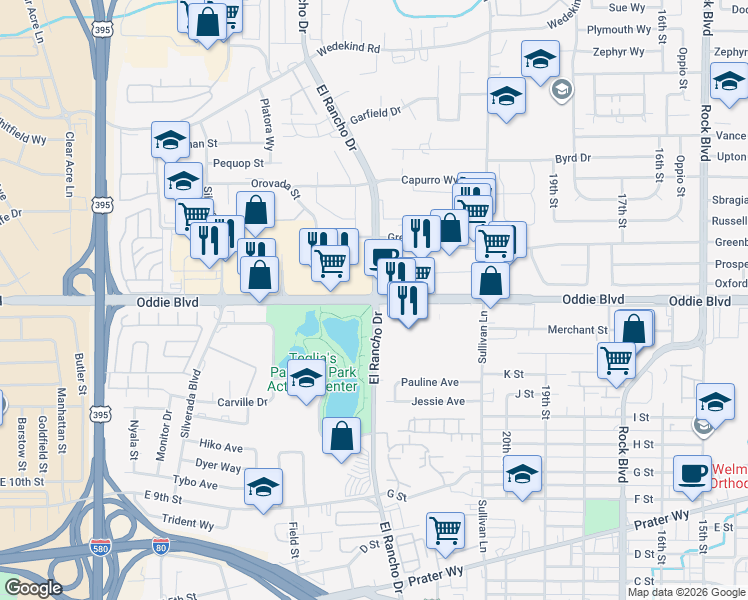 map of restaurants, bars, coffee shops, grocery stores, and more near Oddie Blvd & El Rancho Dr in Sparks
