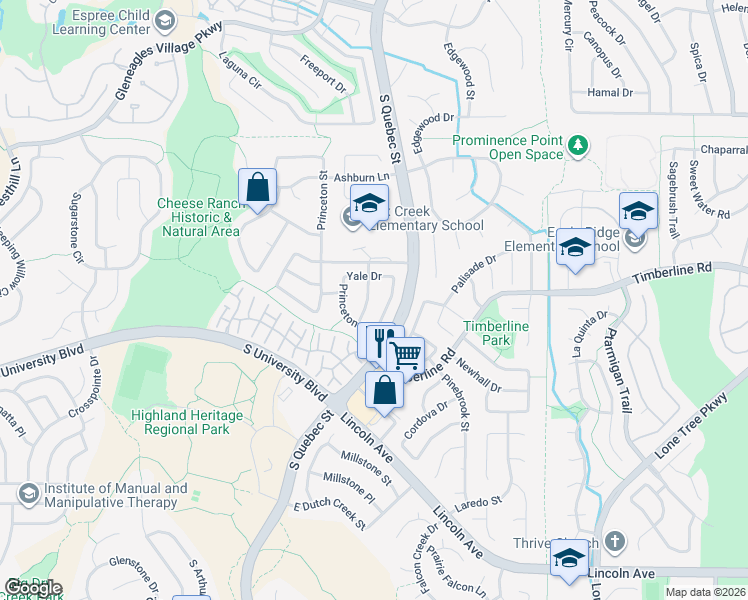 map of restaurants, bars, coffee shops, grocery stores, and more near 6632 Yale Drive in Littleton