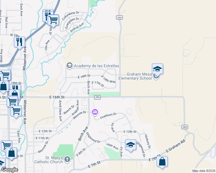 map of restaurants, bars, coffee shops, grocery stores, and more near 1225 East 18th Way in Rifle