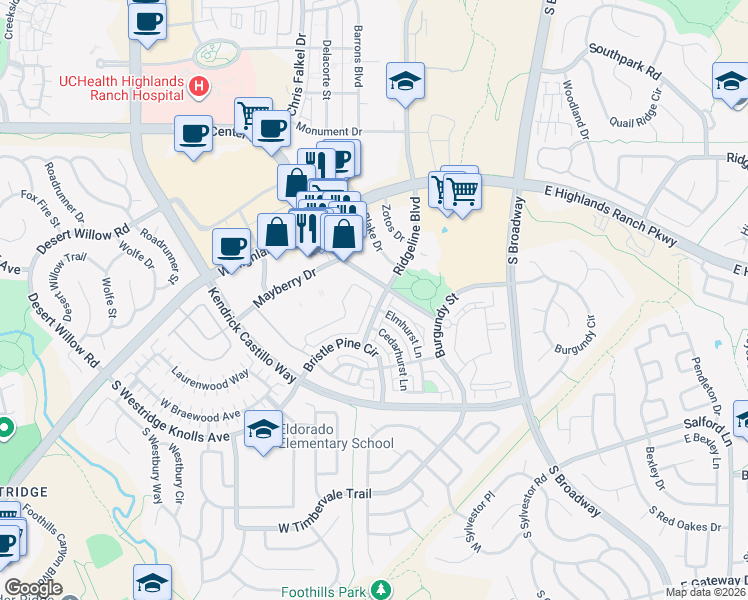 map of restaurants, bars, coffee shops, grocery stores, and more near 9225 Rockhurst Street in Highlands Ranch