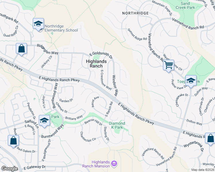 map of restaurants, bars, coffee shops, grocery stores, and more near 9372 South Crestmore Way in Highlands Ranch