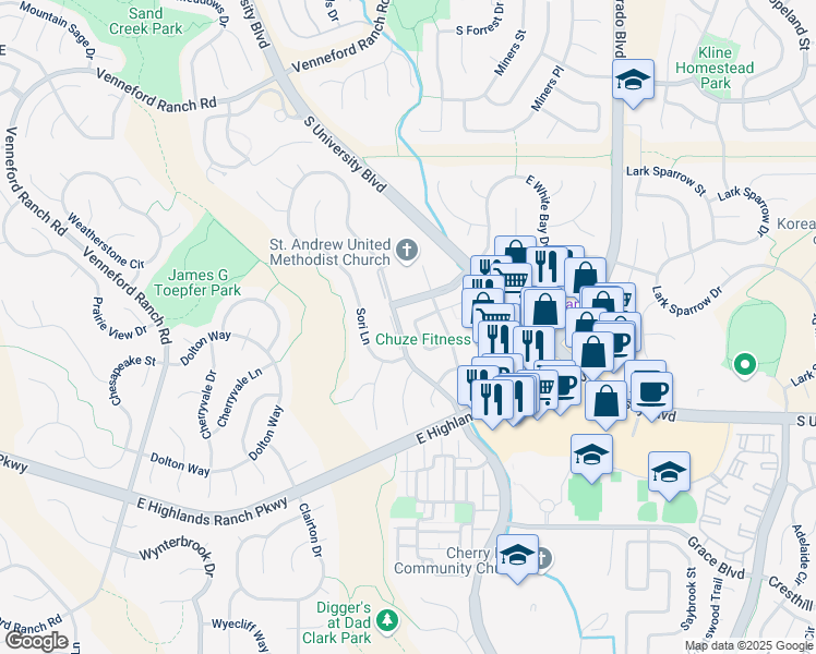 map of restaurants, bars, coffee shops, grocery stores, and more near 3401 Cascina Circle in Highlands Ranch