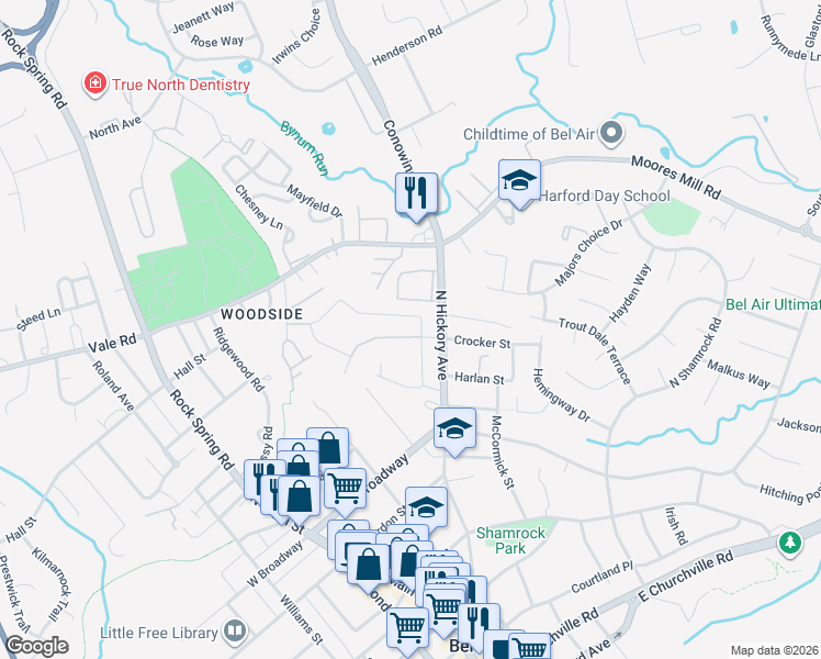 map of restaurants, bars, coffee shops, grocery stores, and more near 240 Crocker Drive in Bel Air