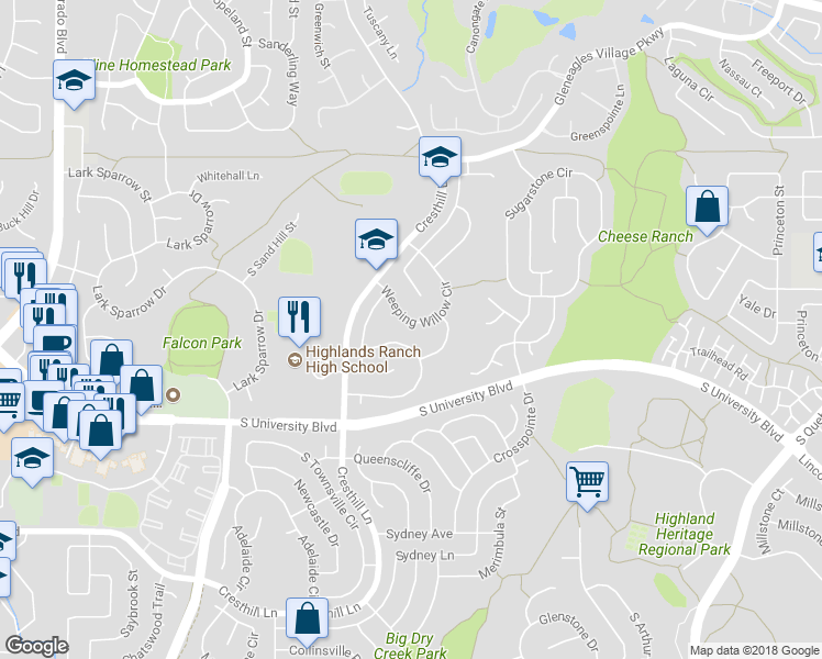 map of restaurants, bars, coffee shops, grocery stores, and more near 5125 Weeping Willow Circle in Littleton