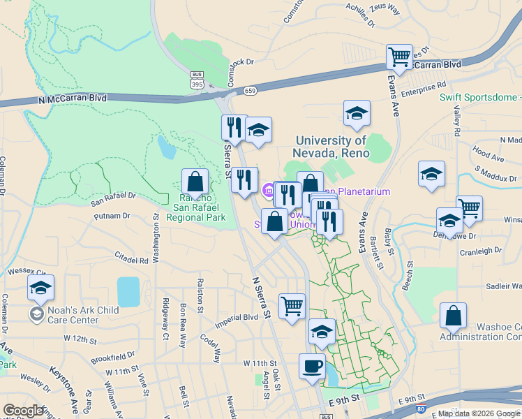 map of restaurants, bars, coffee shops, grocery stores, and more near 1664 North Virginia Street in Reno