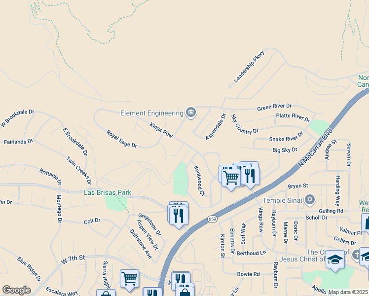 map of restaurants, bars, coffee shops, grocery stores, and more near 3945 Kings Row in Reno
