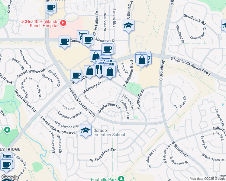 map of restaurants, bars, coffee shops, grocery stores, and more near 9258 Rockhurst Street in Highlands Ranch