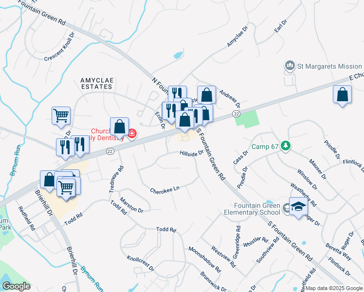 map of restaurants, bars, coffee shops, grocery stores, and more near 1510 Hillside Drive in Bel Air