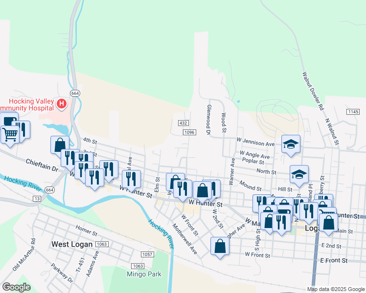 map of restaurants, bars, coffee shops, grocery stores, and more near 525 West Street in Logan