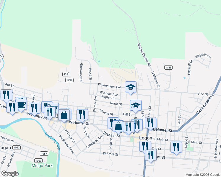 map of restaurants, bars, coffee shops, grocery stores, and more near 133 West Jennison Avenue in Logan