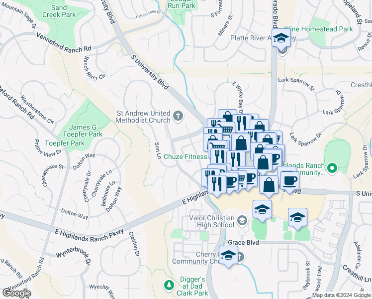map of restaurants, bars, coffee shops, grocery stores, and more near 9362 Loggia Street in Highlands Ranch