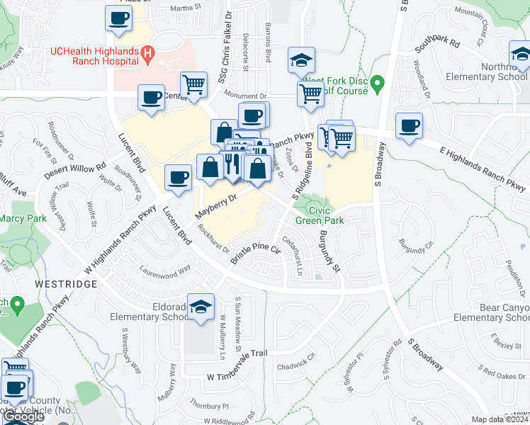 map of restaurants, bars, coffee shops, grocery stores, and more near 9351 Dorchester Street in Highlands Ranch