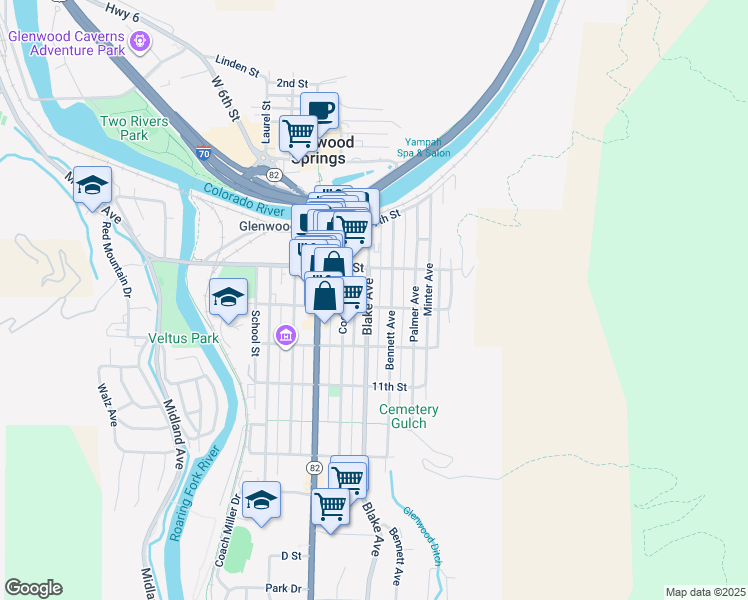 map of restaurants, bars, coffee shops, grocery stores, and more near 815 Bennett Avenue in Glenwood Springs