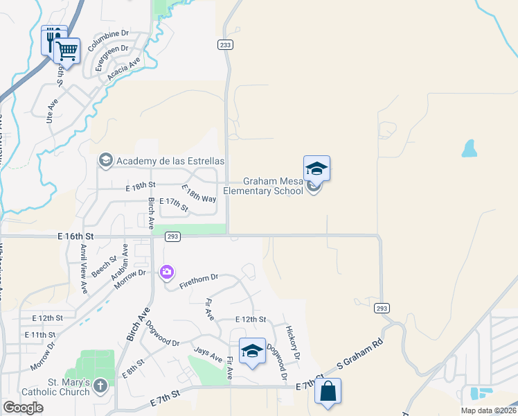 map of restaurants, bars, coffee shops, grocery stores, and more near 233 County Road in Rifle