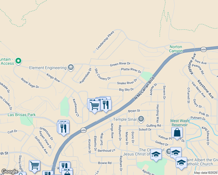 map of restaurants, bars, coffee shops, grocery stores, and more near 3414 Snake River Drive in Reno