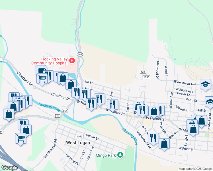 map of restaurants, bars, coffee shops, grocery stores, and more near 1104 4th Street in Logan