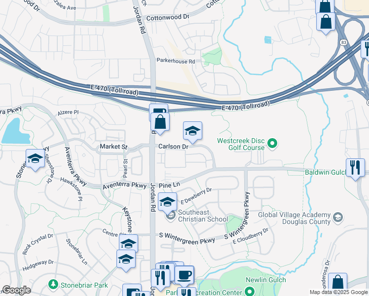 map of restaurants, bars, coffee shops, grocery stores, and more near 16980 Carlson Drive in Parker