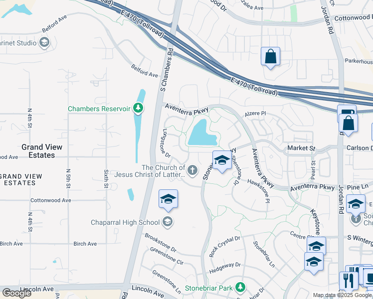 map of restaurants, bars, coffee shops, grocery stores, and more near 15805 Longford Drive in Parker