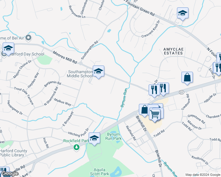 map of restaurants, bars, coffee shops, grocery stores, and more near 918 Dawes Court in Bel Air