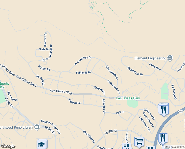 map of restaurants, bars, coffee shops, grocery stores, and more near 3200 Fairlands Drive in Reno